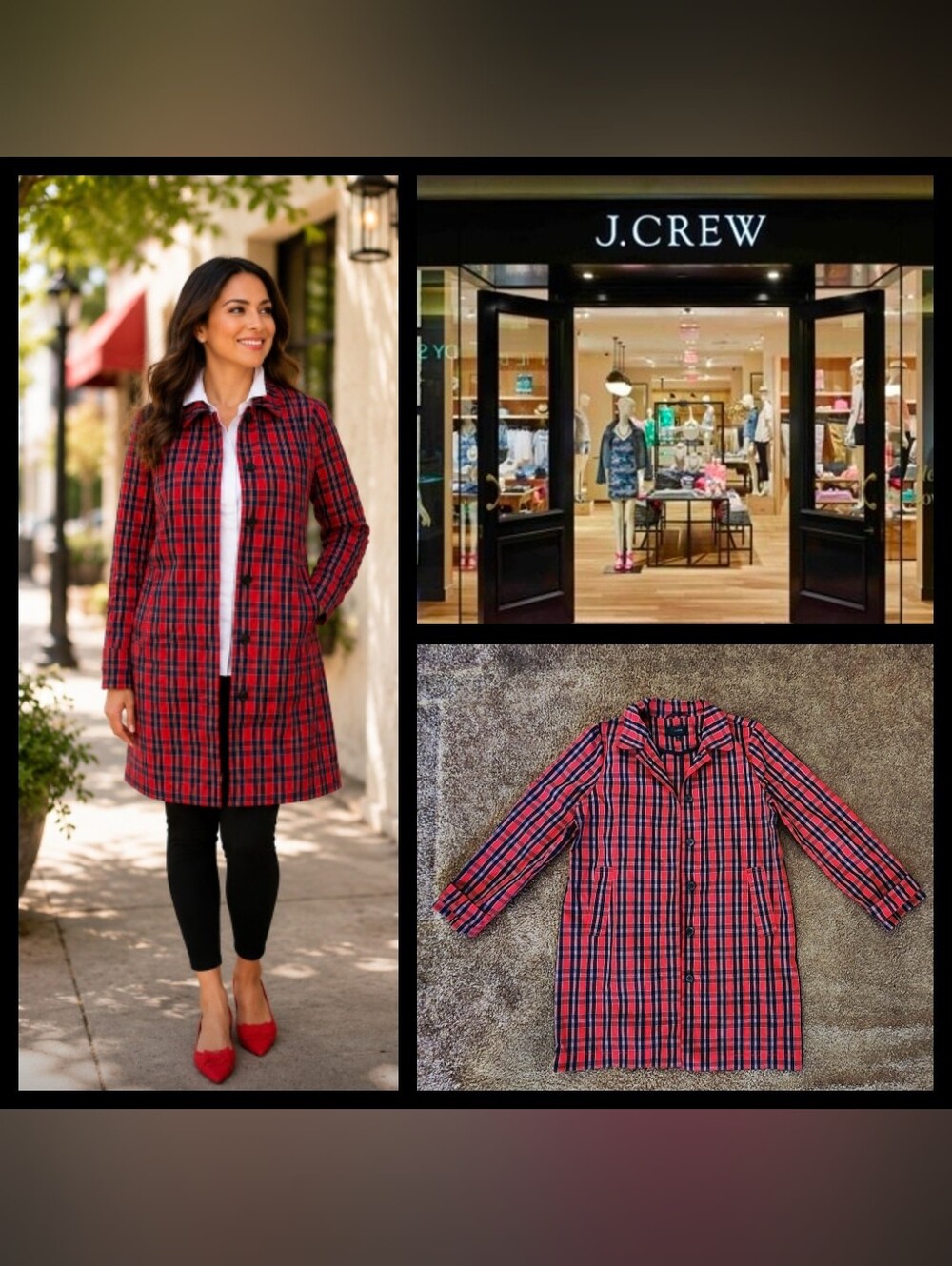 14 J Crew Tartan Red & Black Plaid NYLON Trench Coat Raincoat Thin Lightweight